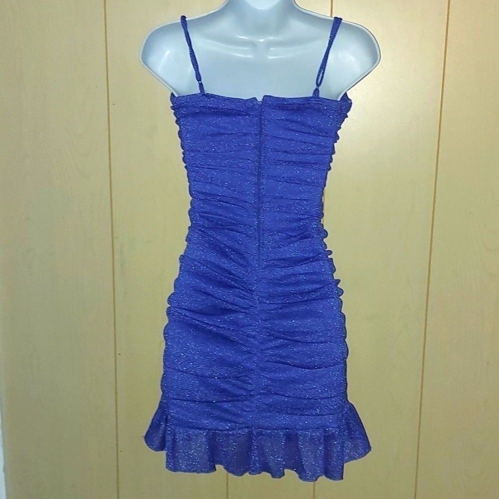 City Vibe Ruched Foiled Mesh Flounce Hem Dress - Picture 3 of 8